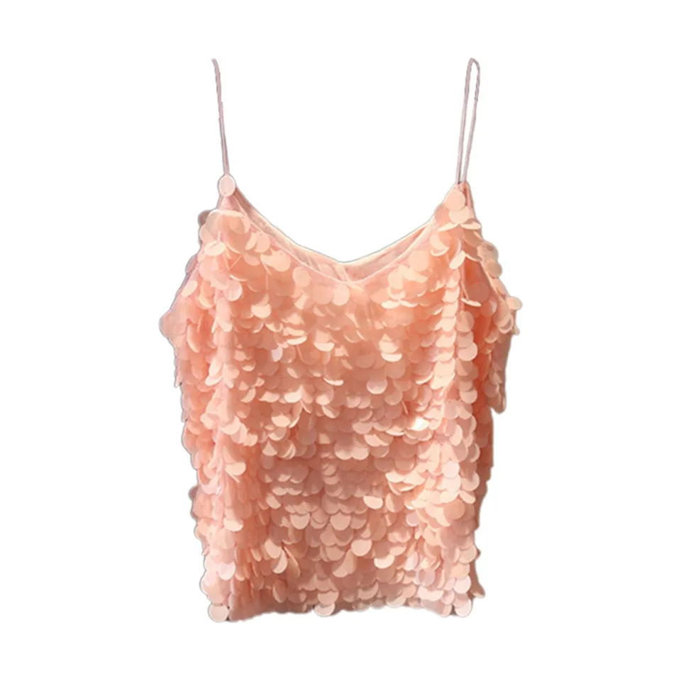 Sexy v krku ryby stupnica Stupnica Tank top Top top s lesklým špagetovým popruhom pre ženy orezané namontované