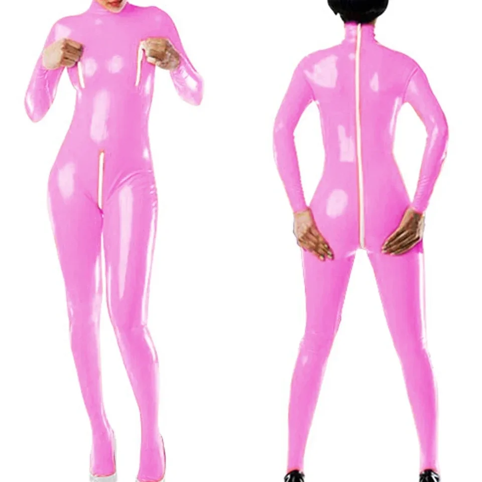 Sexy zips Open Crotch kombinézy lesklý PVC koža s dlhým rukávom Bodycon Striedičky High Street Cosplay Cosplay sexy kostýmy fetiš