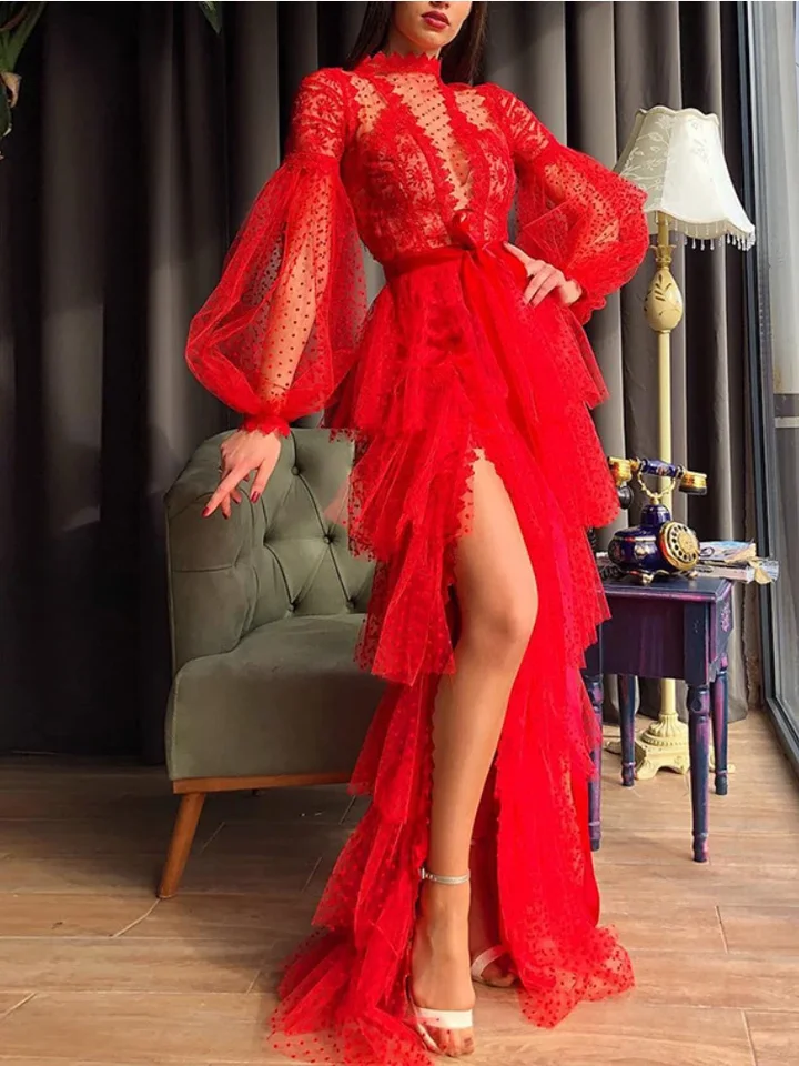 Sexy červené tylové šaty Ženy Dot Flocking Layer Lietaje štrbiny Maxi Long Fairy Dress Jarná jeseň