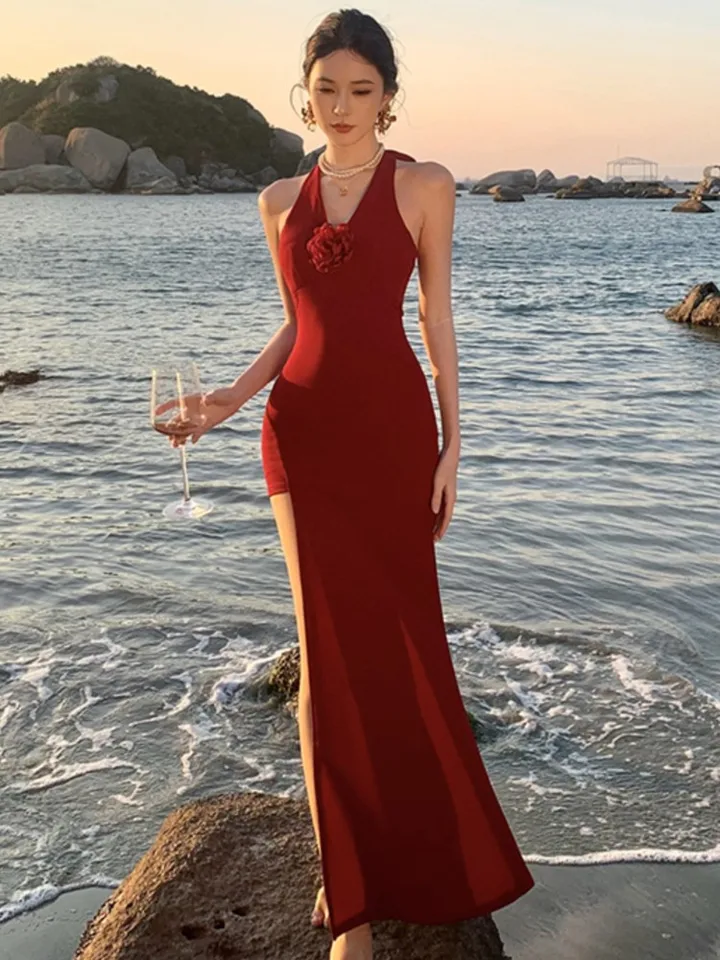 Sexy červený halter dámske šaty elegantné backless v-krk telocon svadobné večere Dlhé šaty Dlhé šaty letné jar