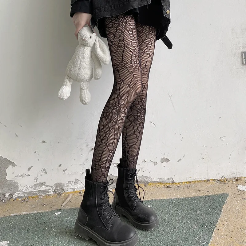 Sexy čierne pavúk webové sieťové pančucháče letné ženy Dutlow Out Fishnet pančucháče gotické čipky priehľadné dám