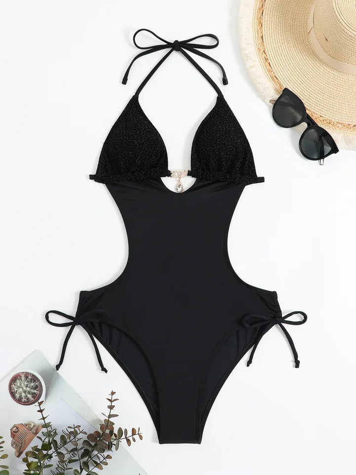 Sexy čierne plavky Trikini Ženy Push Up Lace Up Backless One Plaimsuit Summer plaviek oblečenie Momokini 2024