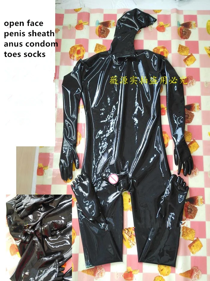 Sexy čierne pánske latexové latexové kapucňa Catsuit Tesné kombinézy s kondómom penisového puzdra