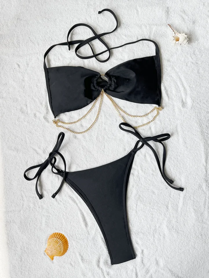 Sexy čierny kovový reťazec ohlávkový bikinis Sada Dva kusy Kravata Vysoký pás Čalúnená plavky na pláži Noste ženy tangé bikiny plavky