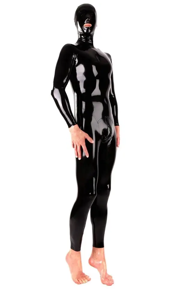 Sexy čierny latexový fetish catsuit BodySuit s otvoreným ústam kapucňou zadné gumové kostýmy s rukavicami ponožiek pre mužov Prispôsobiť sa