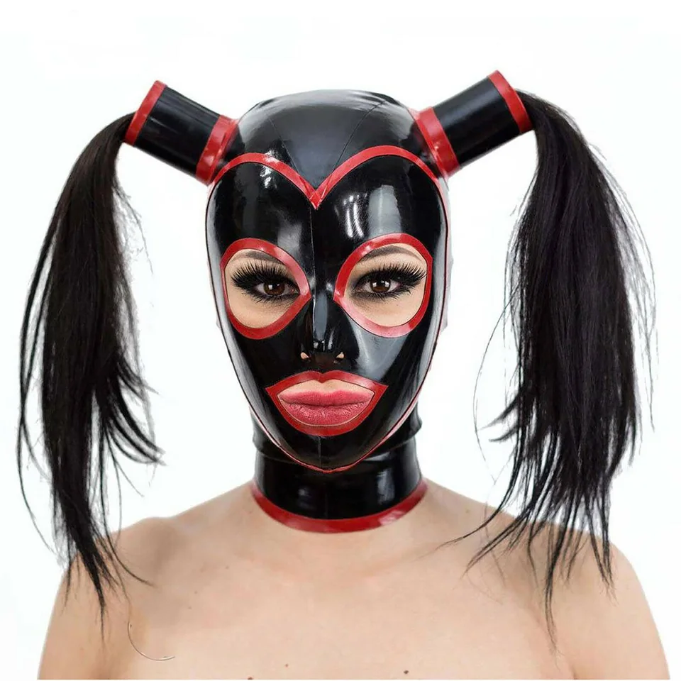 Sexy čierny latexový latex fetiš maska ​​Otvorené oči ústa s príčinou parochňu zadný zips