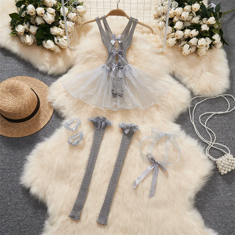 Sexy čipka gázový patchwork remienok BodySuit Dutiny bez rukávov Slim Backless Women erotické spodná bielizeň hotsweet luk nočná slúžka cosplay