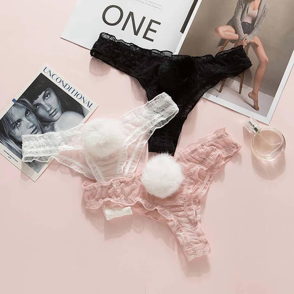 Sexy čipkové nohavičky roztomilý králičie chvost Dámske spodky priedušné priehľadné spodné prádlo Comfort Comfort THONG LOW RIGE G-STRING