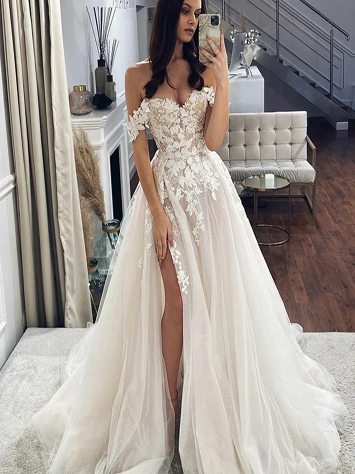 Sexy čipkové svadobné šaty z ramena zlatíčko krk Svadobné šaty Side rozdelené vintage aplique