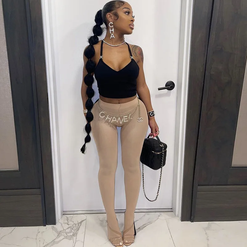 Sexy číry mriežkový farebný blok Patchwork nohavice leggings Slim Bodycon See Club Wear Party Pants