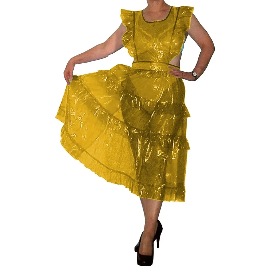 Sexy číry plastový PVC Backless Ruffles zástera šaty priehľadné slúžky Cosplay kostýmy klub Vestido sexy lingere fetiš Wear 7xl
