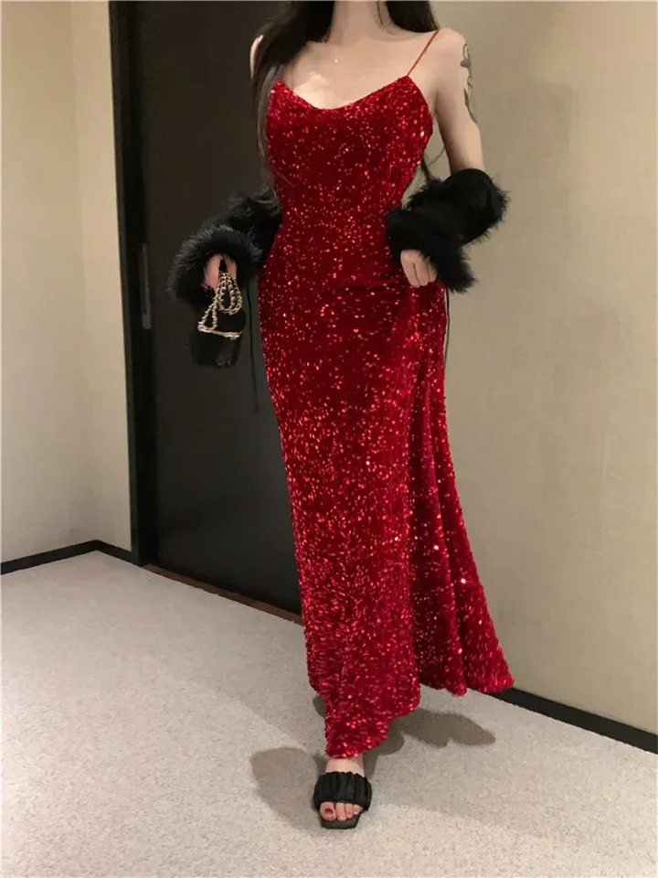Sexy šaty pre ženy vintage zamatské flitry V-krk šumivé večerné šaty Nové štíhle obal morská panna, šaty midi červené Vestidos