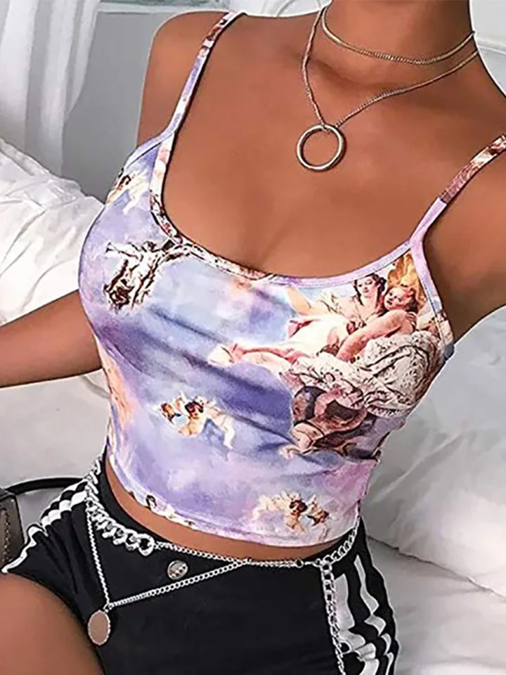 Sexy štíhle praky anjel tlač letné camisole dámske sexy streetwear krátke orezané pupno podprsenka Top