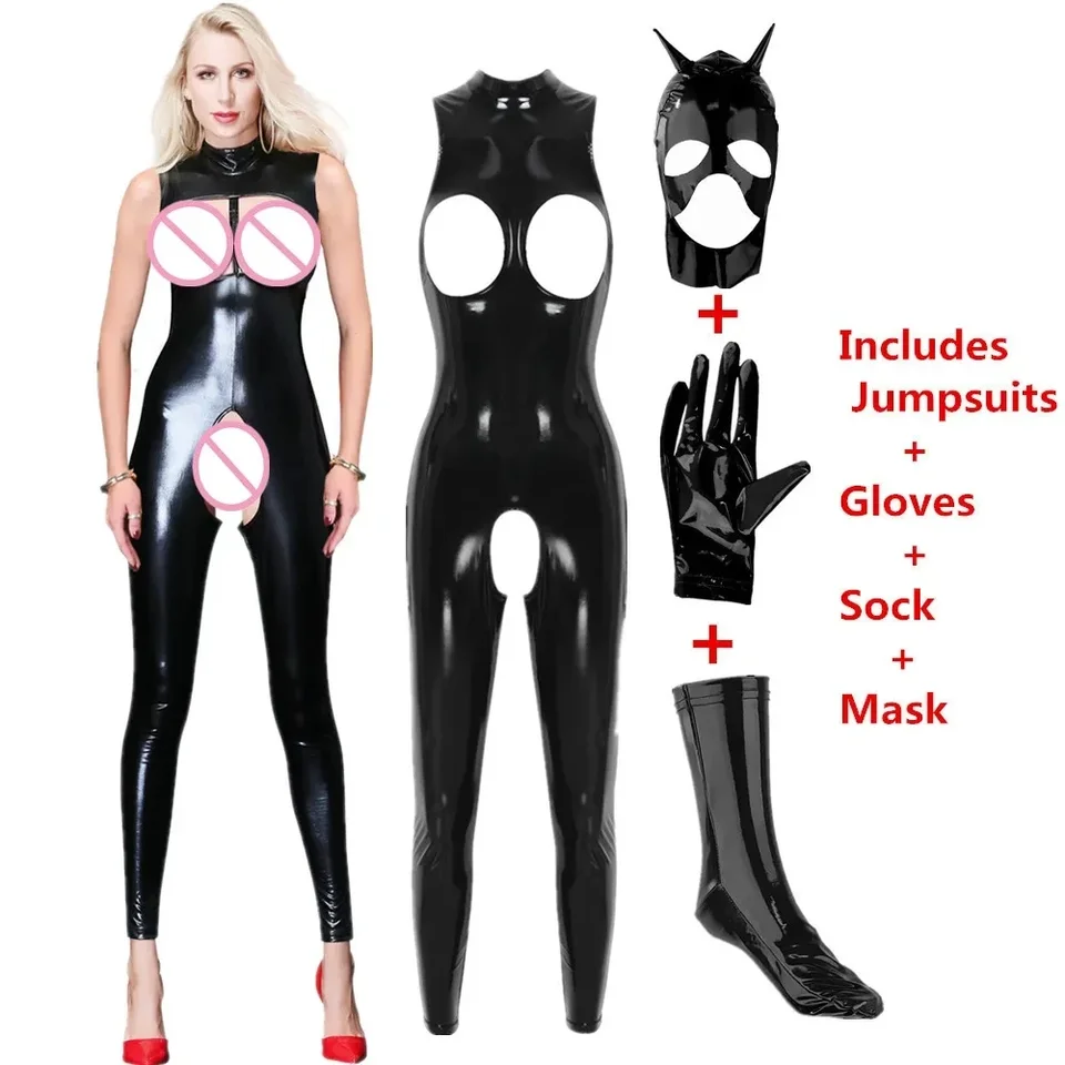 Sexy ženy spodná bielizeň mokré kožené kombinézy PVC latex Bodysuit Catsuit Open Crotch Crotch Clubwear Fetiš erotické vystavenie prsníka
