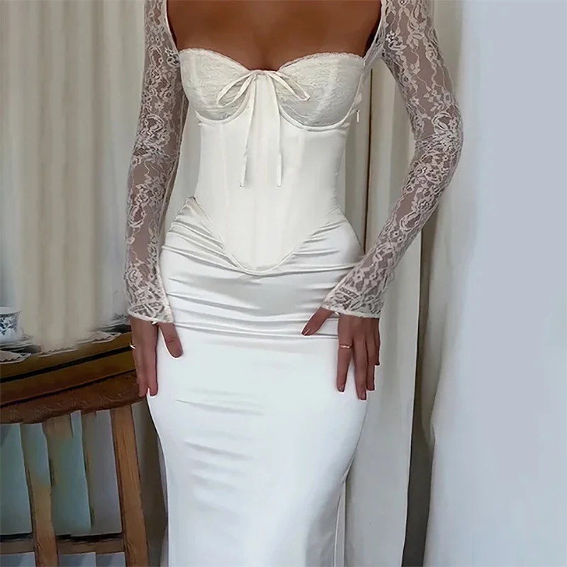 Sexy ženy čipky s dlhým rukávom Večerné šaty s nízkym vystrihnutím zadnej kravaty tuniky backless šaty Prom Príležitosť prispôsobená