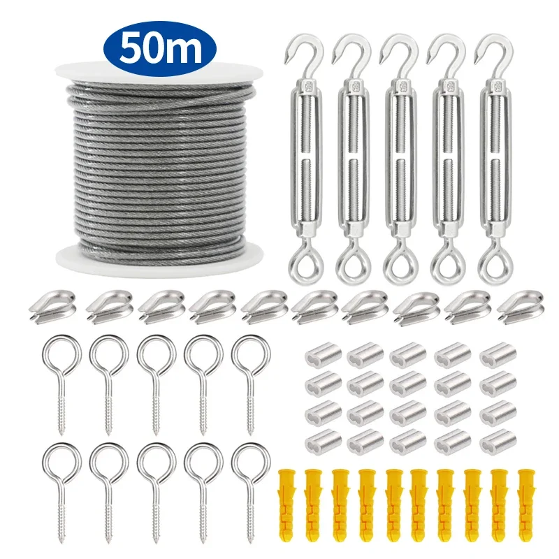 SGYM 56ks/set 50 metrov oceľ PVC potiahnuté Flexibilné drôtené lano mäkký kábel Priehľadná z nehrdzavejúcej ocele Priemer šnúry na bielizeň 2 mm súprava