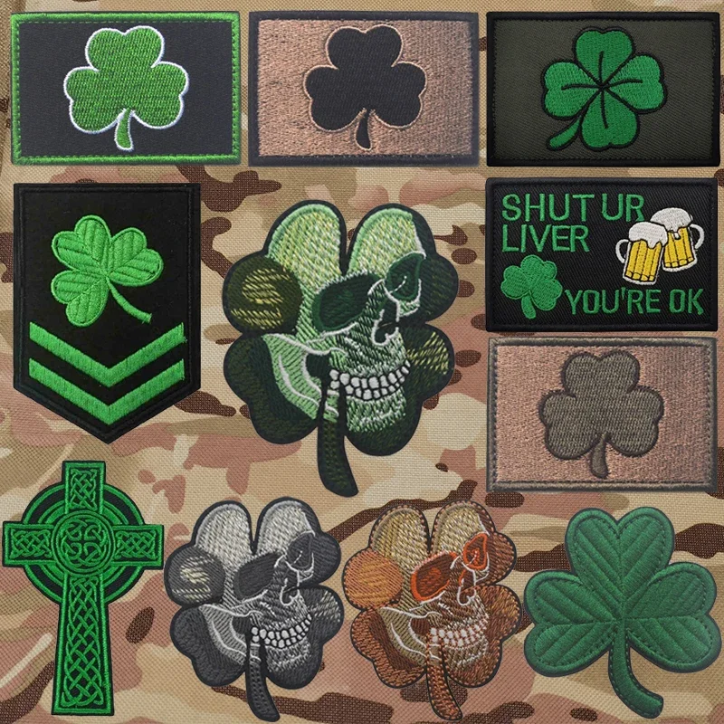 Shamrock Irish Clover Lucky Leaf Patch Tactical Vojenské vyšívané nálepky na oblečenie s háčikom a slučkou