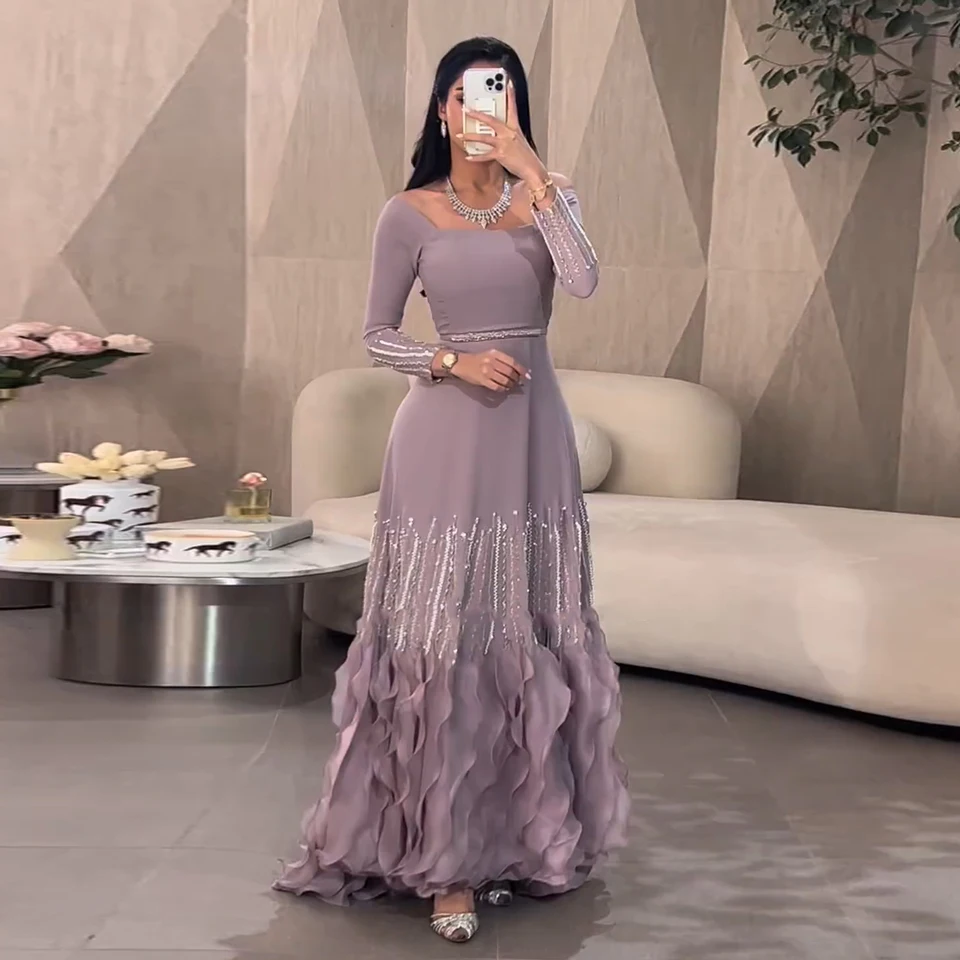 Sharon uviedla, že luxusné lila ruffles dubajské večerné šaty 2025 Saudská Arábia pre ženy svadobné šaty SS579 prispôsobené