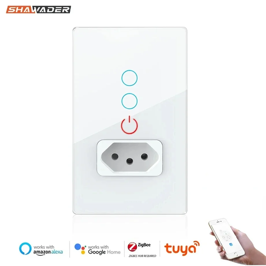 Shawader Zigbee Tuya Smart Brazil Light Switch Tomada Socket Socket Brazílska zásuvná výstupná sklenená sklenená panel diaľkovo od Alexa Google Home