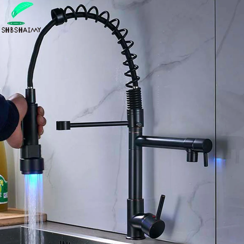 Shbshaimy čierny chróm kuchynský faucet LED svetlo sťahovanie jarných umývadiel Faucet Dual Stočná výtoková kuchyňa Torneira Hot Mixer Tap