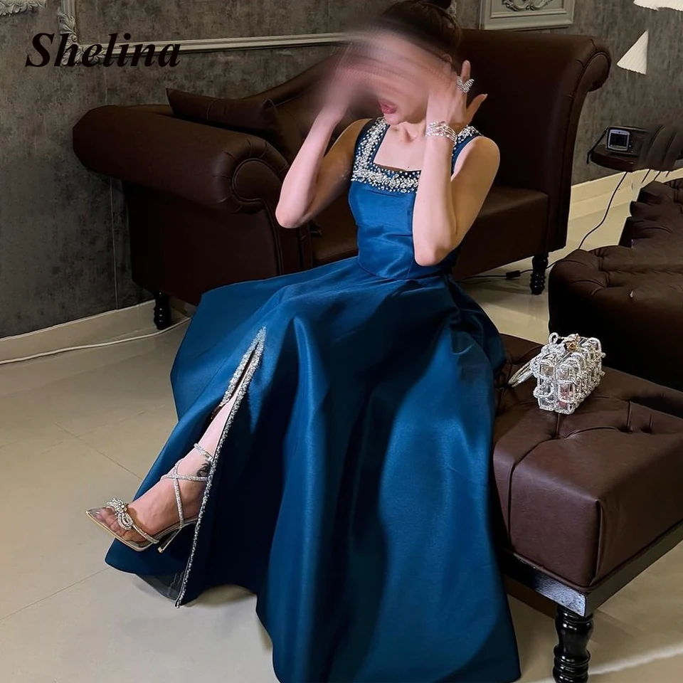 Shelina Classic Square Gollar Evening pre ženy Slit Rinestones A-Line Backless Vestido de Fiesta Saudská Arábia prispôsobená