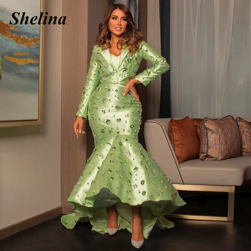 Shelina ohromujúca maturitné šaty pre ženy pre ženy s dlhými rukávmi Satin kamienky luxusné večierky rúcha de soiree prispôsobené