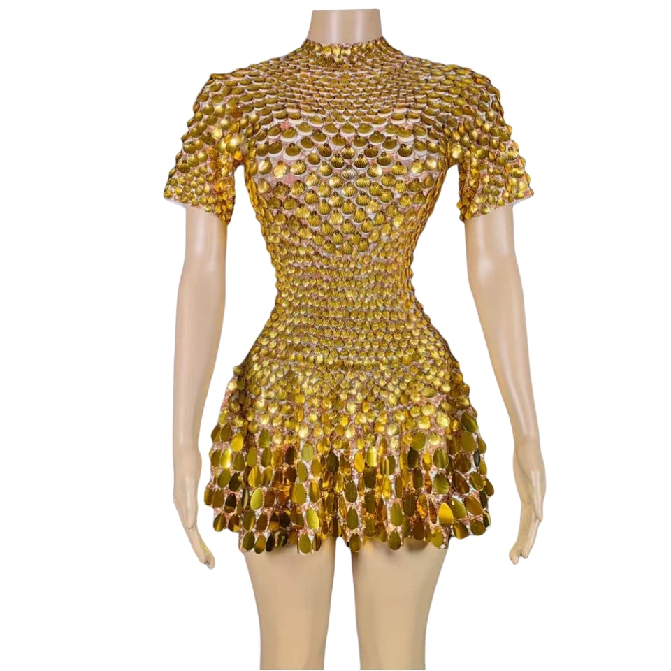Shell Mirror Dress For Women Gold Shinning Night Clubbing roztlieskavaky One Piece Night Bar Stage