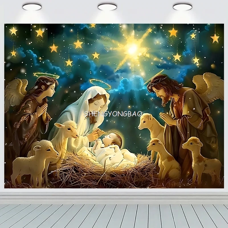 Shengyongbao Nativity Scene Scene Manger Photography Pozadie rekvizity Vianoce Deň krb Narodenie Ježišového nového roka RD-48