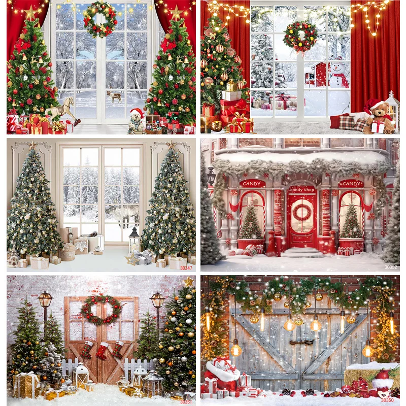 Shengyongbao vianočné stromčeky okno Candy Photography Pozadie Drevené dvere Snowman kino borovica novoročné pozadie SW-51