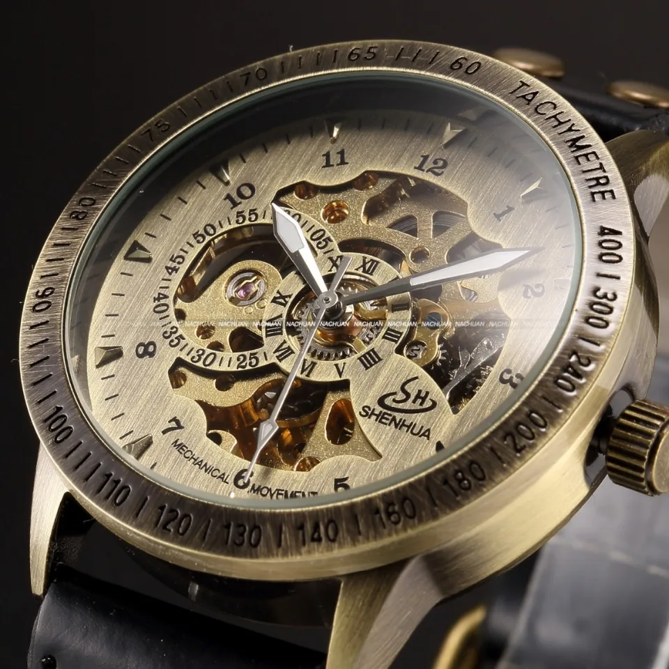 Shenhua Automatické mechanické hodinky kostrová kožená kapela automatické pánske zápästie Watch Luxury Brand Fashion Style Vintage Bronze Watch