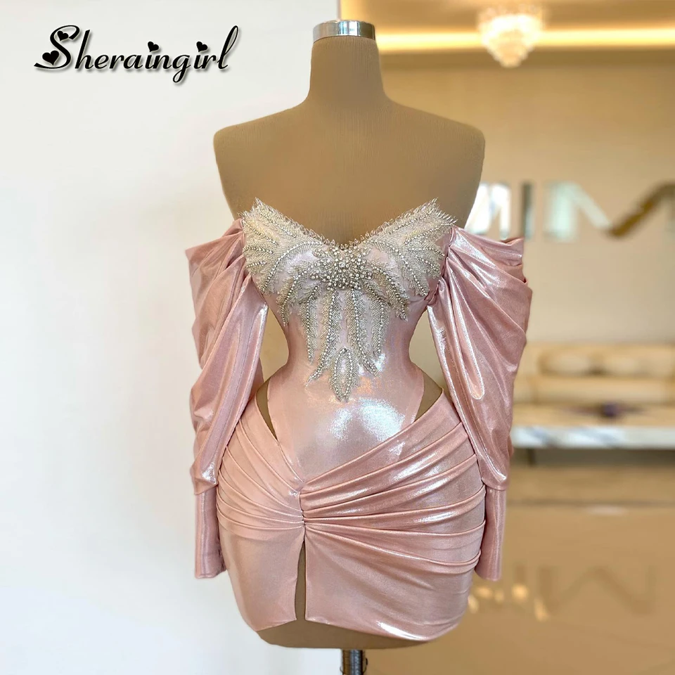 Sherain Charming Off Raka V krk kokteilové šaty pre ženy pre ženy Pluch Pleat korálky narodeninové oslavy Vestidos de noche prispôsobené
