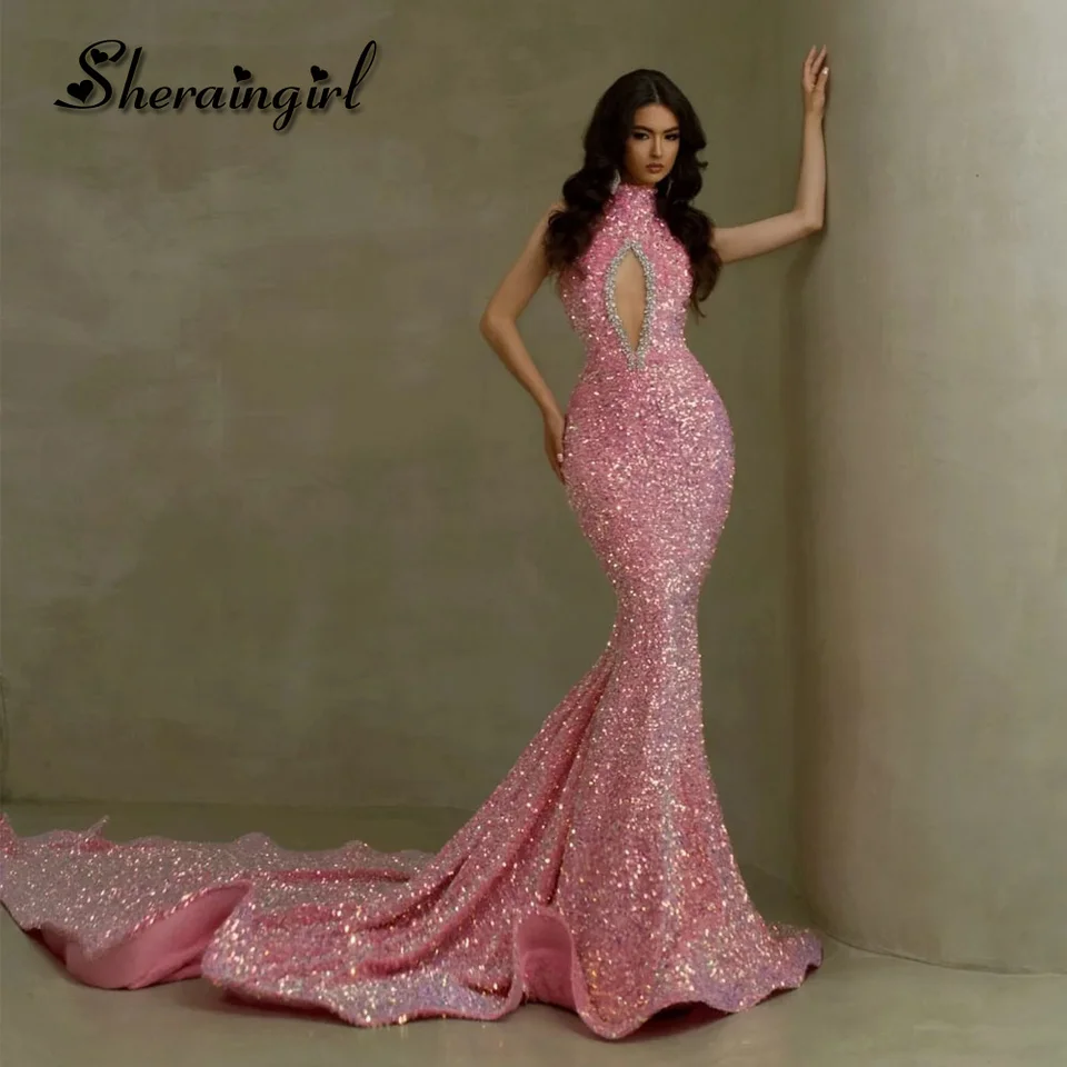 Sherain Elegantné večere morská panna Fliktorový súdny vlak s vysokým krkom bez rukávov Vestidos Largos de Gala Noche Prispôsobený