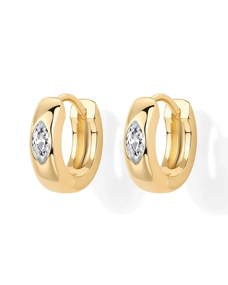 SheValue Women 14k Zlaté náušnice s obručmi so šterlingovými striebornými stĺpmi Noble Marquise Cubic Zirconia Huggie Hoops Malé náušnice