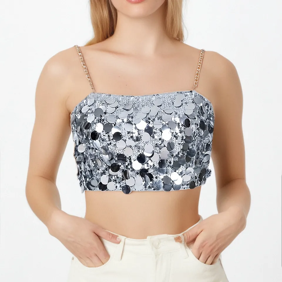 Shine Metallic Glitter Crop Top Vests Women Music Festival Rave Outfits Nightclub Style Flitre