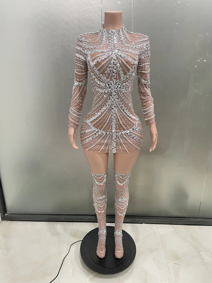 Shinning Diamond Slidins ponožky sexy sieťoviny Mini šaty luxusné narodeniny Večerná párty Oslavujte kostým Nightclub Singer St únave