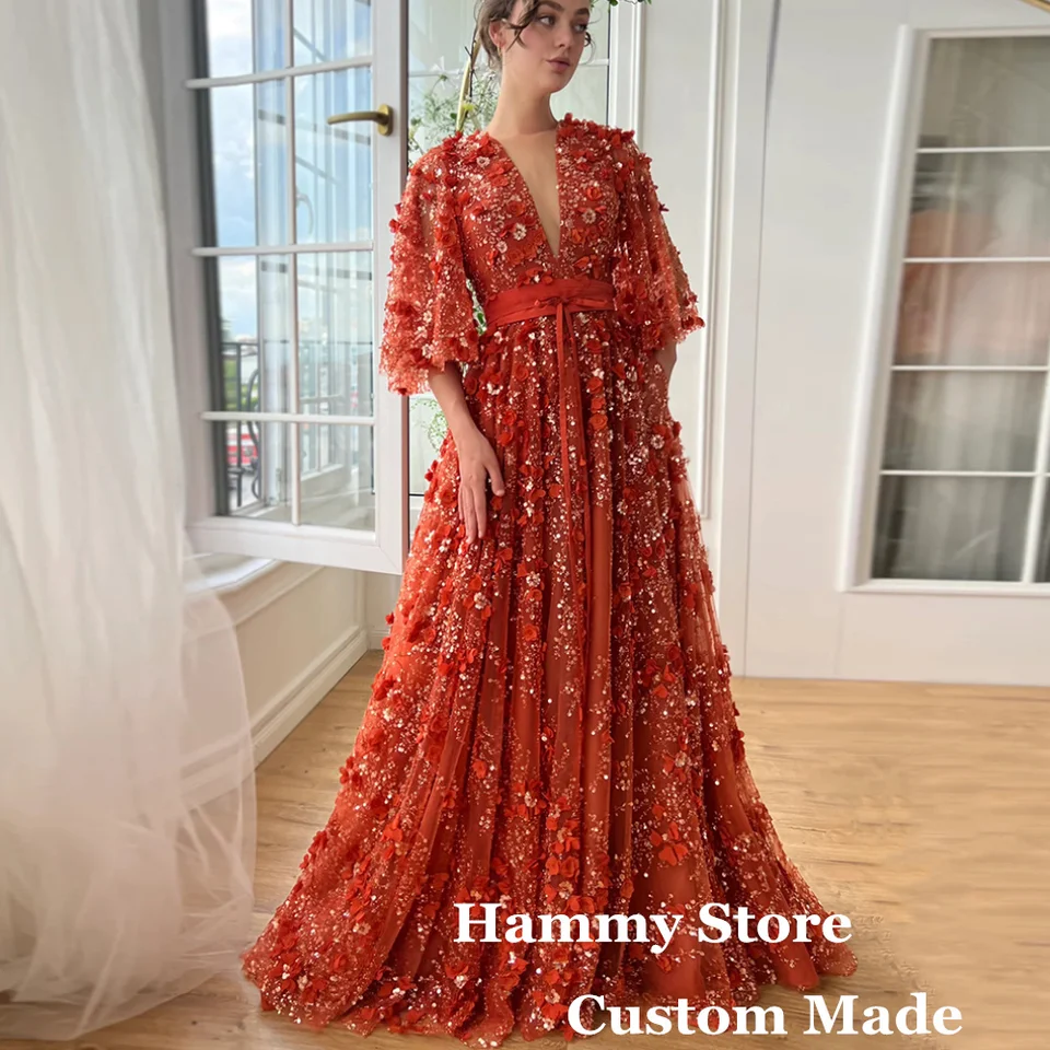 Shinny Flower Lace Lace Evening Dress Prispôsobené Puff Sleeve V Neck Bow Belt A Line Sweep Sweep Luxury Formal Party Prom šaty
