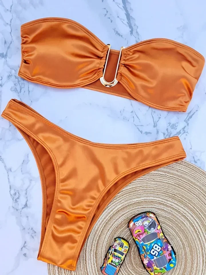 Shiny Bandeau Bikinis 2025 Bikini bez ramienok Ženské plavky Ženy plavky Dva kusy bikiny Sada vysoko rezaných plaviek plávanie dáma