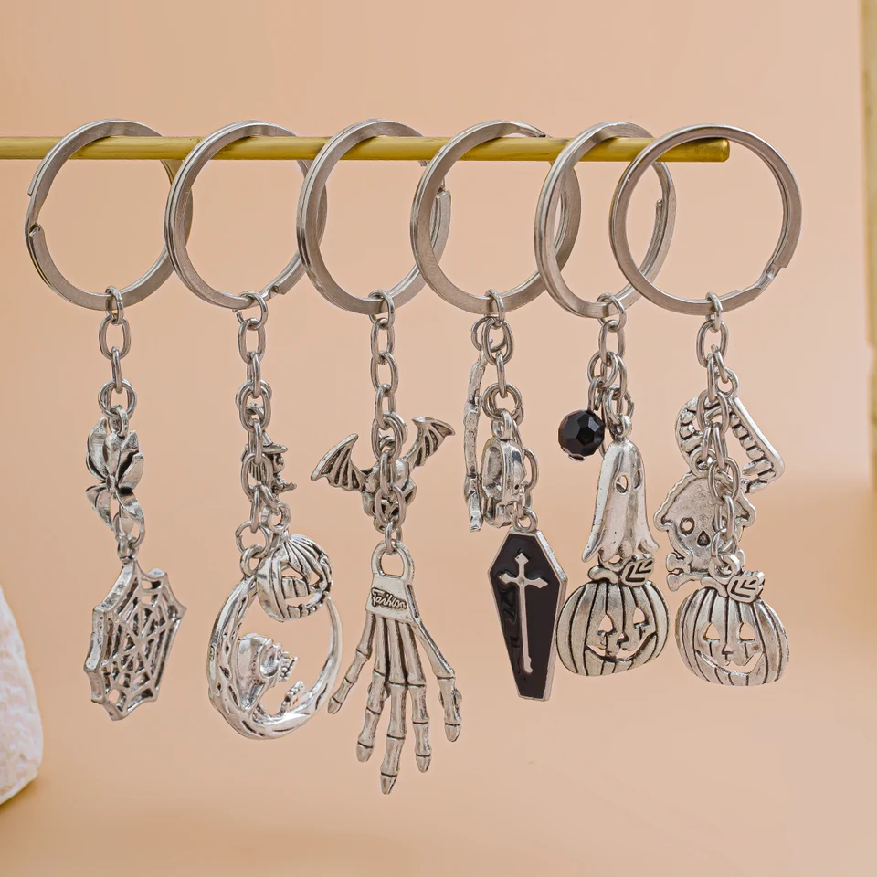 Shixin 6pcs/Set Gothic Cross Pumpkin Head Ghost Pendant Key Ring Ženy Muži lebky Klávesnica Kľúčenka Nové Halloweenské prívesky