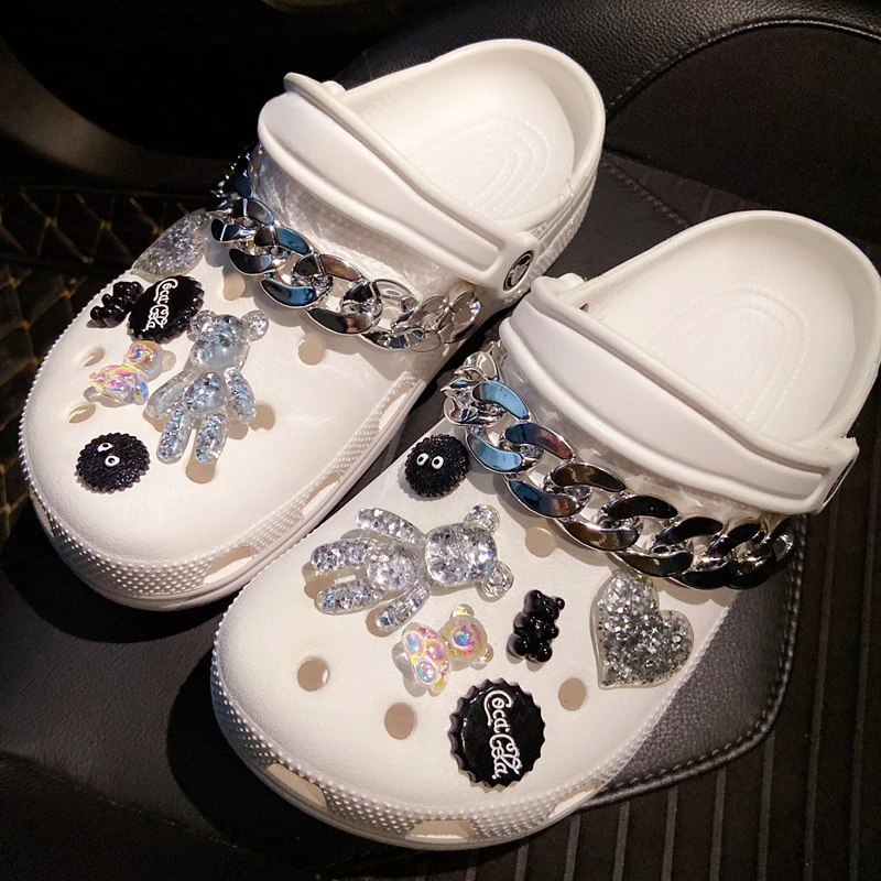 Shoe Charm DIY Pins roztomilý medveď zlatá strieborná reťazová dekorácia pracka pre diery kúzla set doplnky pre deti dievčatá darček