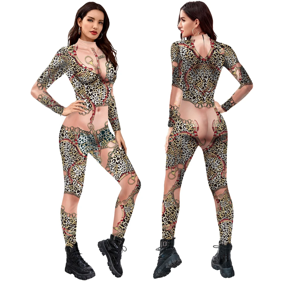 [Si moje tajomstvo] Žena Catsuit Flesh zafarbená leoparda tlačená sexy tenký tela s dlhým rukávom zenti party kostým uniforma outfit