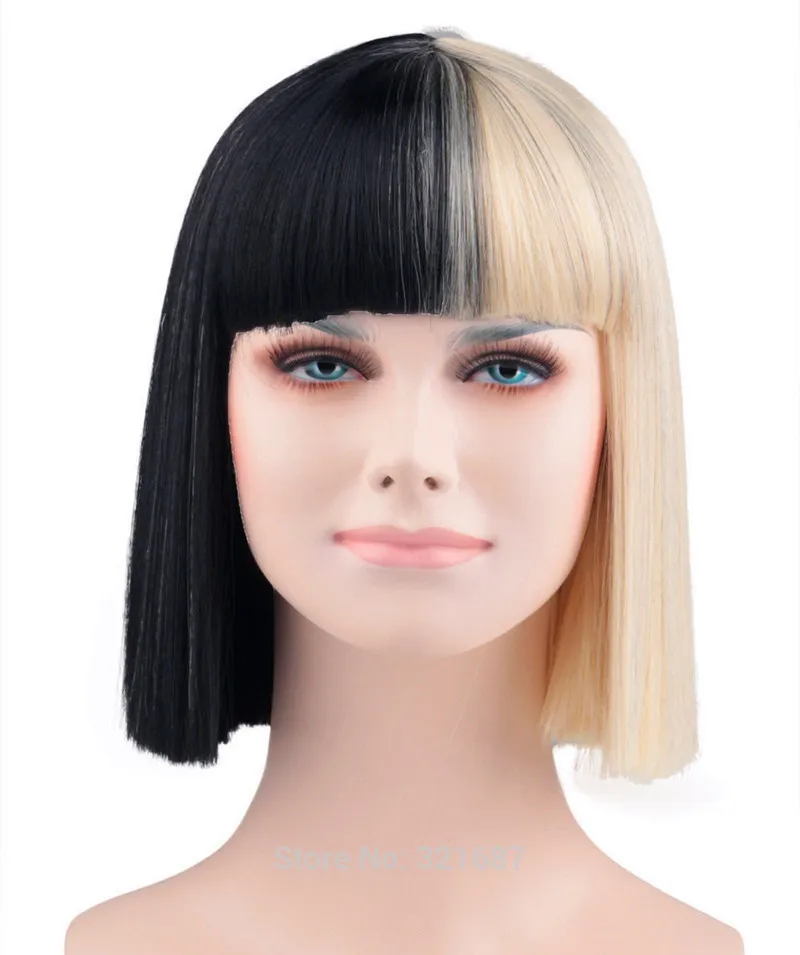 Sia Alive Bangs Tink to Eyes Half Black and Blonde Stredne odolné voči vlasom Cosplay kostým parochň