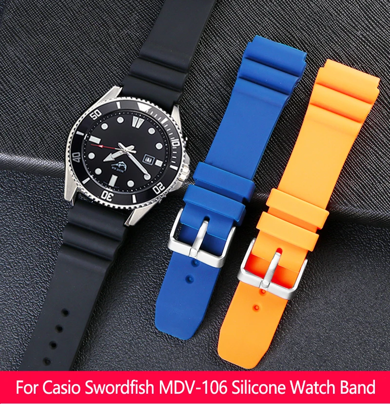 Silikónový remienok 22 mm pre Casio Swordfish Diving Watch Watch MDV-106 MDV-107 MTP-VD01D EFR-303L WatchBand Orange Green Men's Wrist Band