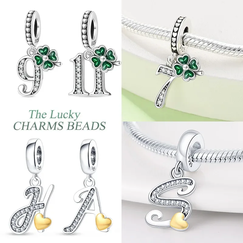 Silver S925 Kreatívna digitálna séria Lucky štvorlísty Grass Green Fit Fit Pandora DIY kúzlo náramok pre dámske darčeky pre darčeky