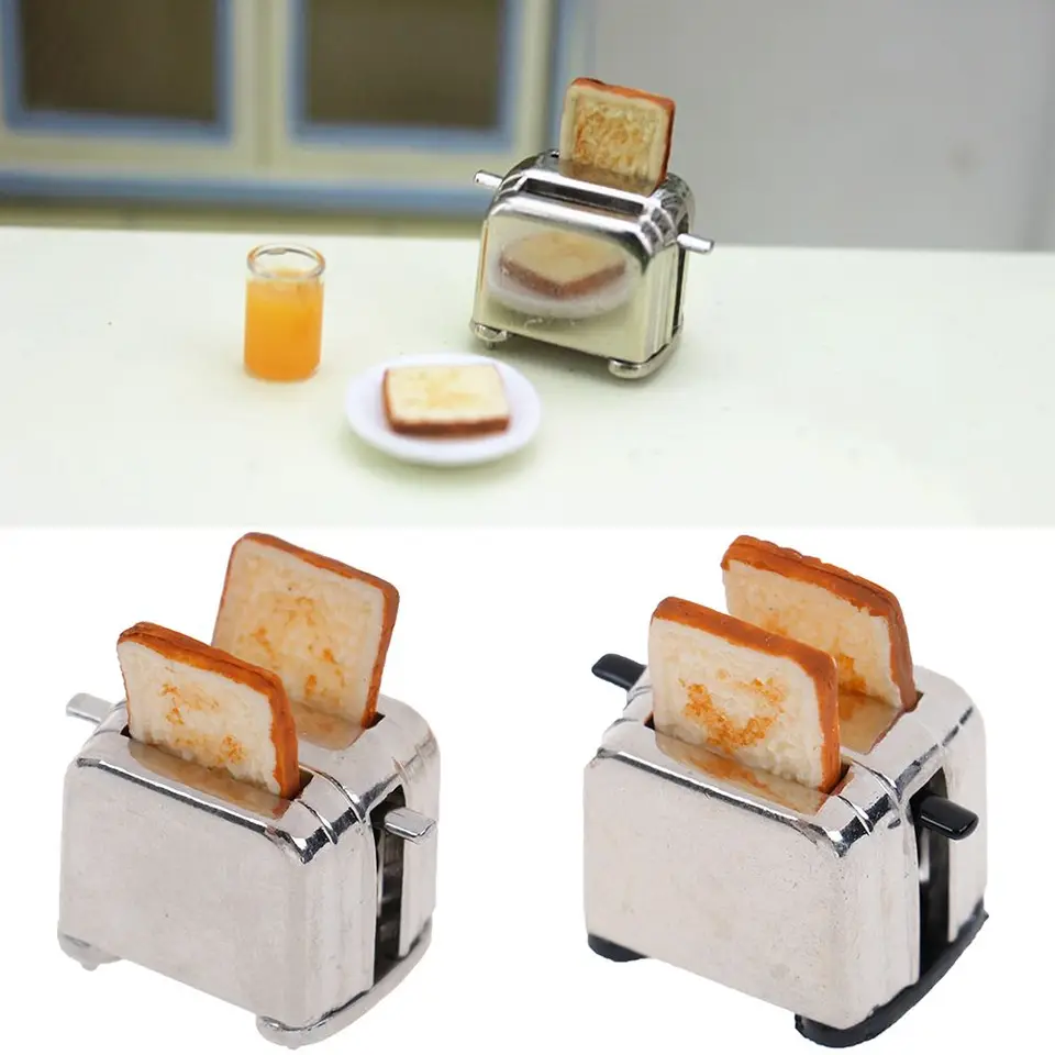 Simulácia dekorácií pre bábiky na bábiky Hra s domom s 2ks chlebovými doplnkami Toast Machine Miniatúrny hriankovač