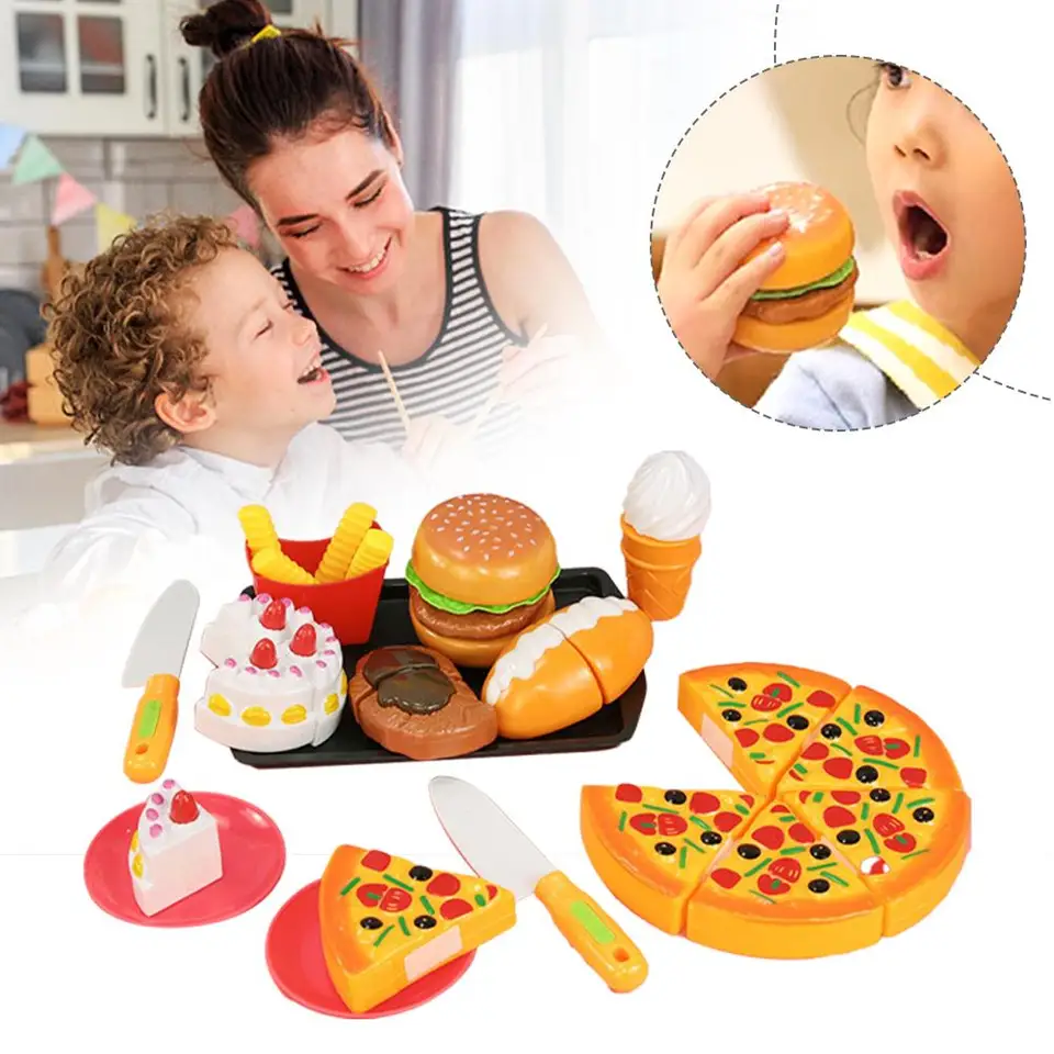 Simulácia detských hračiek hračky hamburger hranolky koláč dievčina hrajúci rola Mini Cutting Hračky šéfkuchár pizza kuchyňa DIY G Cut S2K2