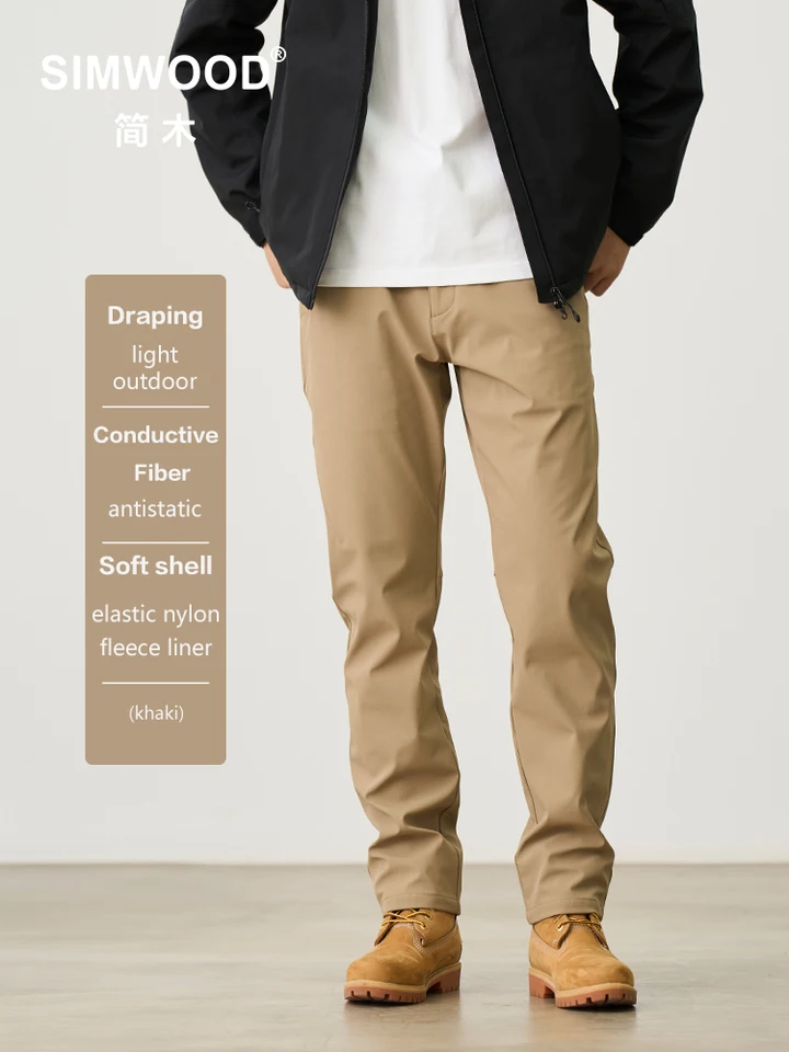 Simwood 2024 Jeseň zima Nové pravidelné priame nylonové elastické tkanina Fleece Liner Pants Men Plus veľkosť ležérne vonkajšie nohavice