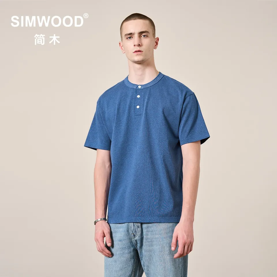 Simwood 2024 Summer Nová nadmerná nadmorská výška Henry Collar Retro Tričká Men 100% bavlna 280g Tkanina Priedušné topy Vysoko kvalitné odpalisko