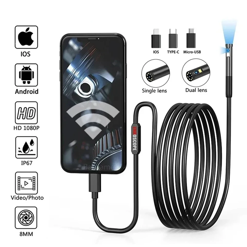 Single/Dual Lens WiFi Endoscope Camera Android Mini Conspect Camera Fotoaparát vodotesný potrubie Borescope pre iPhone iOS Typ C