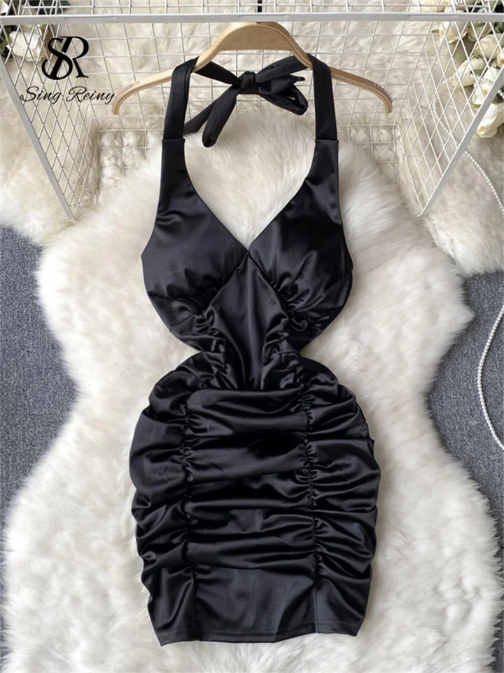 Singreiny 2023 Halter Solid Slim Midi Dress Women Dámske bez rukávov Ruched Sexy sexy sundress módne elastické saténové plážové šaty