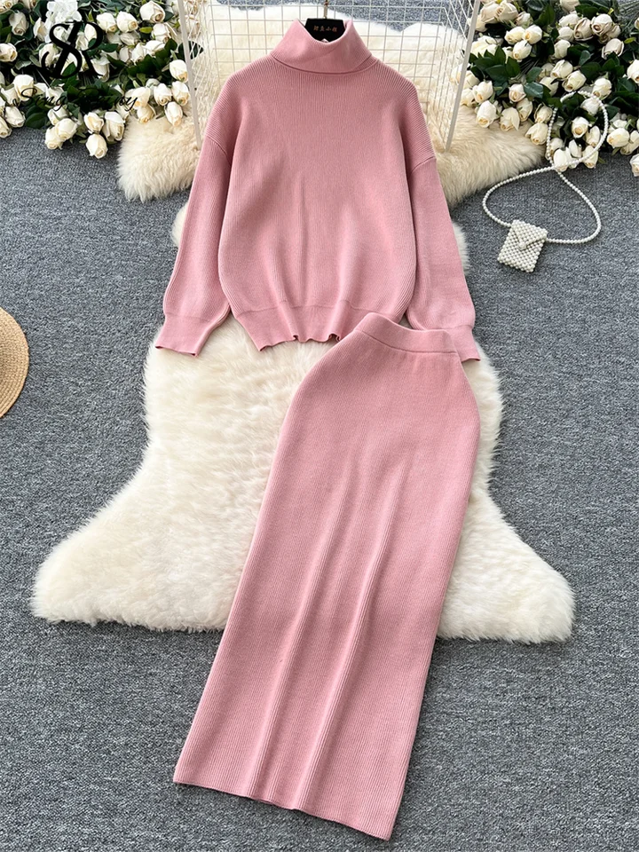 Singreiny Casual Winter Warm Swarts Ladies TurtleNeck Basy Tops+Vysoký pás Skinny Split Sukňa jemné pletené dve kusy